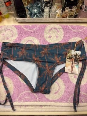 Mora Side-Tie Palm Print Bikini Bottom - Teal with Rust Palm